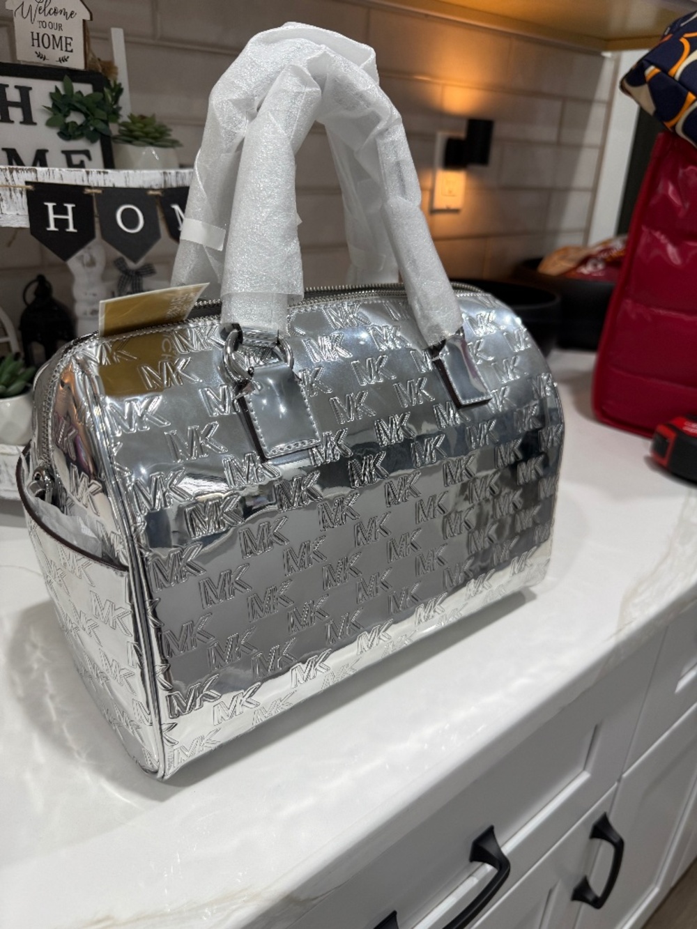 NWT 100% Authentic Michael Kors silver metallic medium Mason satchel